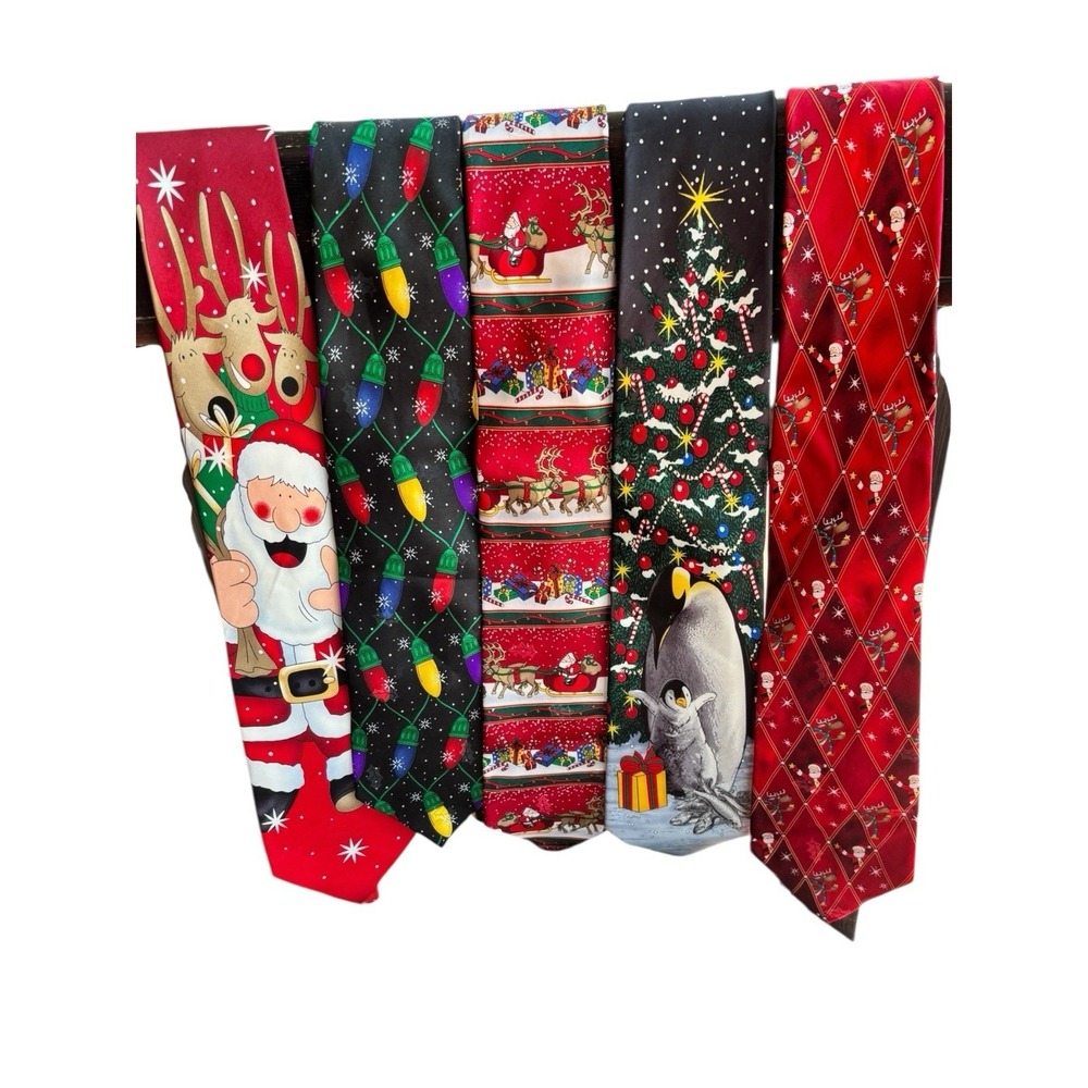 Lot of 5 Christmas Novelty Ties‎ Noel Santa Claus Holiday Necktie Bundle Festive